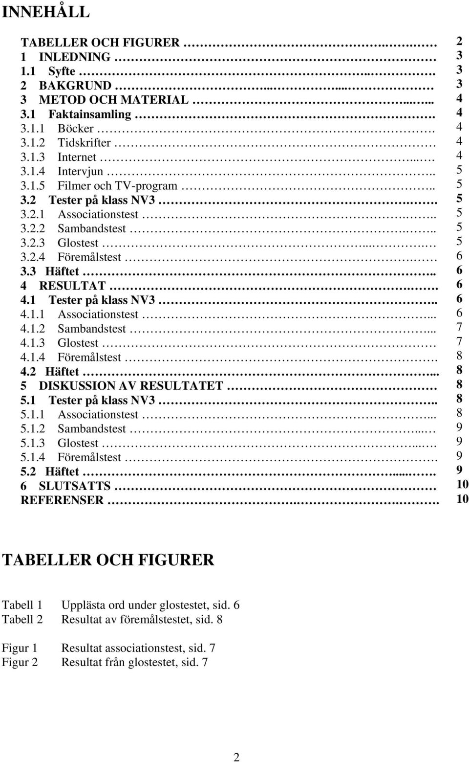 .. DISKUSSION AV RESULTATET.1 Tester på klass NV3...1.1 Associationstest....1.2 Sambandstest....1.3 Glostest.....1. Föremålstest..2 Häftet.... SLUTSATTS REFERENSER.