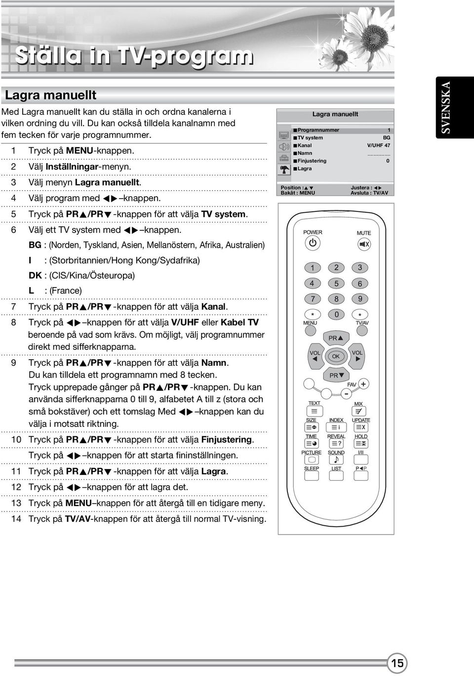 BG : (Norden, Tyskland, Asien, Mellanöstern, Afrika, Australien) I : (Storbritannien/Hong Kong/Sydafrika) DK : (CIS/Kina/Östeuropa) L : (France) 7 Tryck på PRx/PRy-knappen för att välja Kanal.