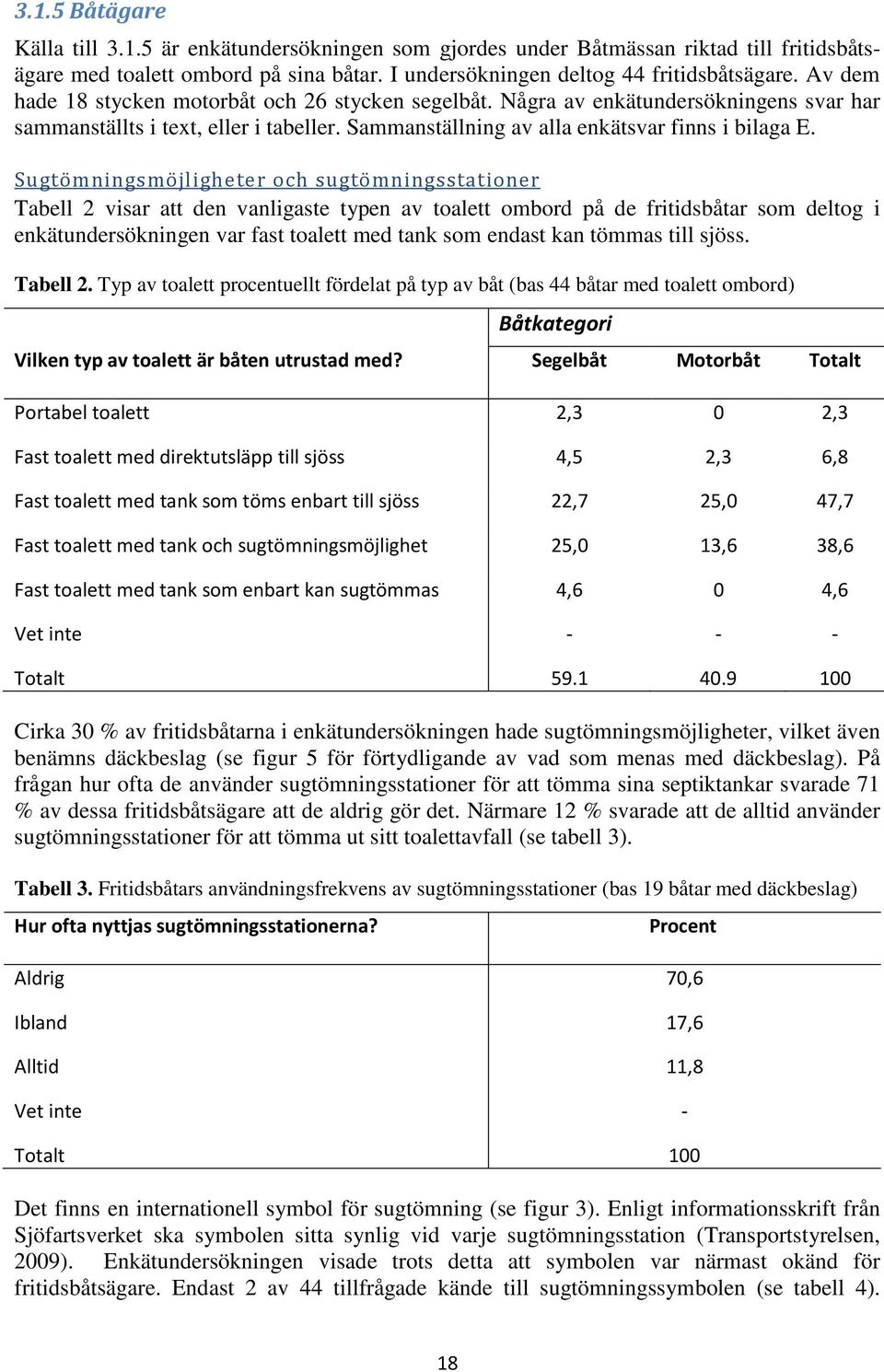 Sugtömningsmöjligheter och sugtömningsstationer Tabell 2 visar att den vanligaste typen av toalett ombord på de fritidsbåtar som deltog i enkätundersökningen var fast toalett med tank som endast kan