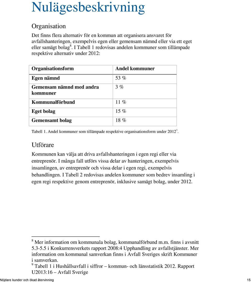 bolag 15 % Gemensamt bolag 18 % Tabell 1. Andel kommuner som tillämpade respektive organisationsform under 2012 9.