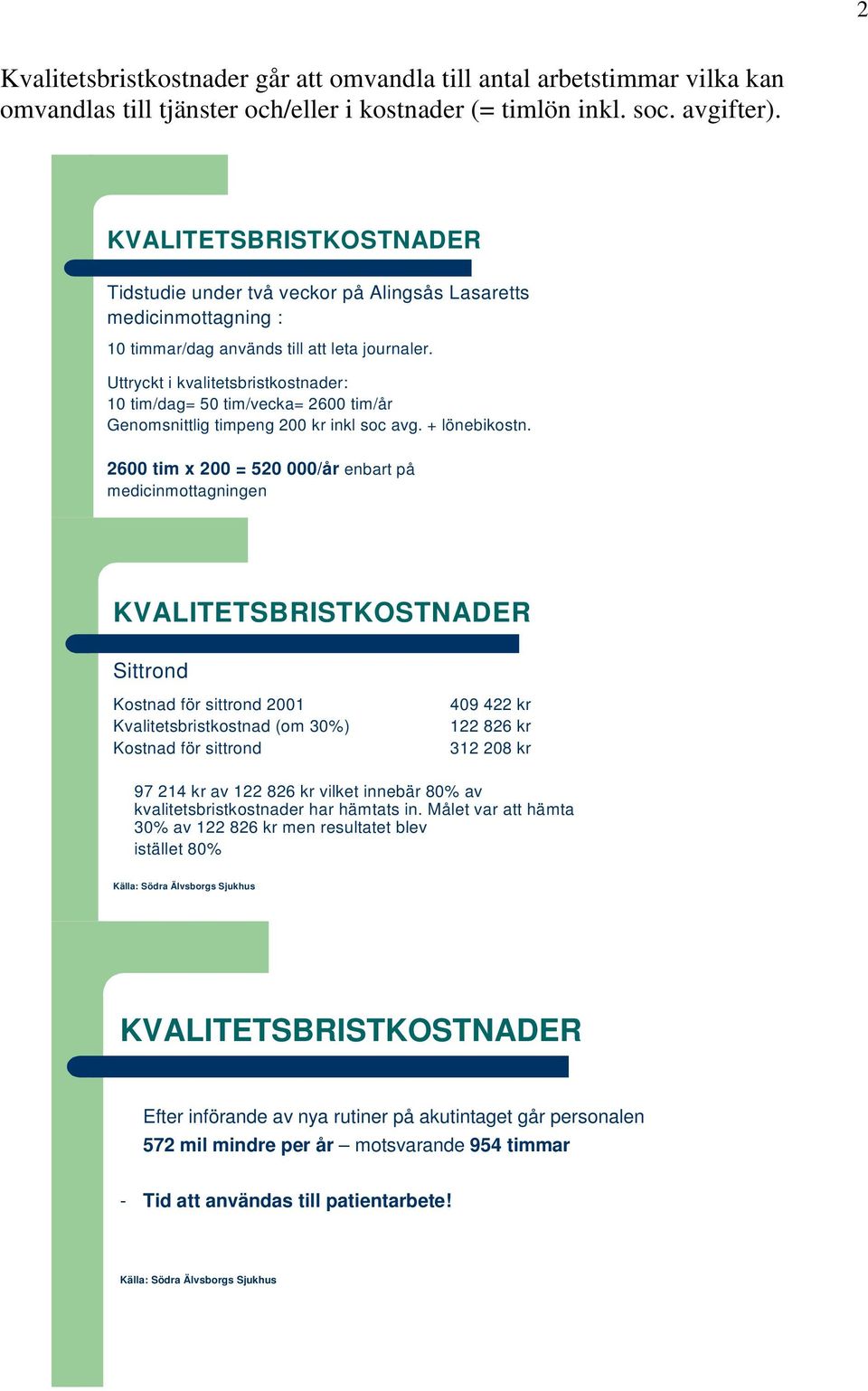 Uttryckt i kvalitetsbristkostnader: 10 tim/dag= 50 tim/vecka= 2600 tim/år Genomsnittlig timpeng 200 kr inkl soc avg. + lönebikostn.