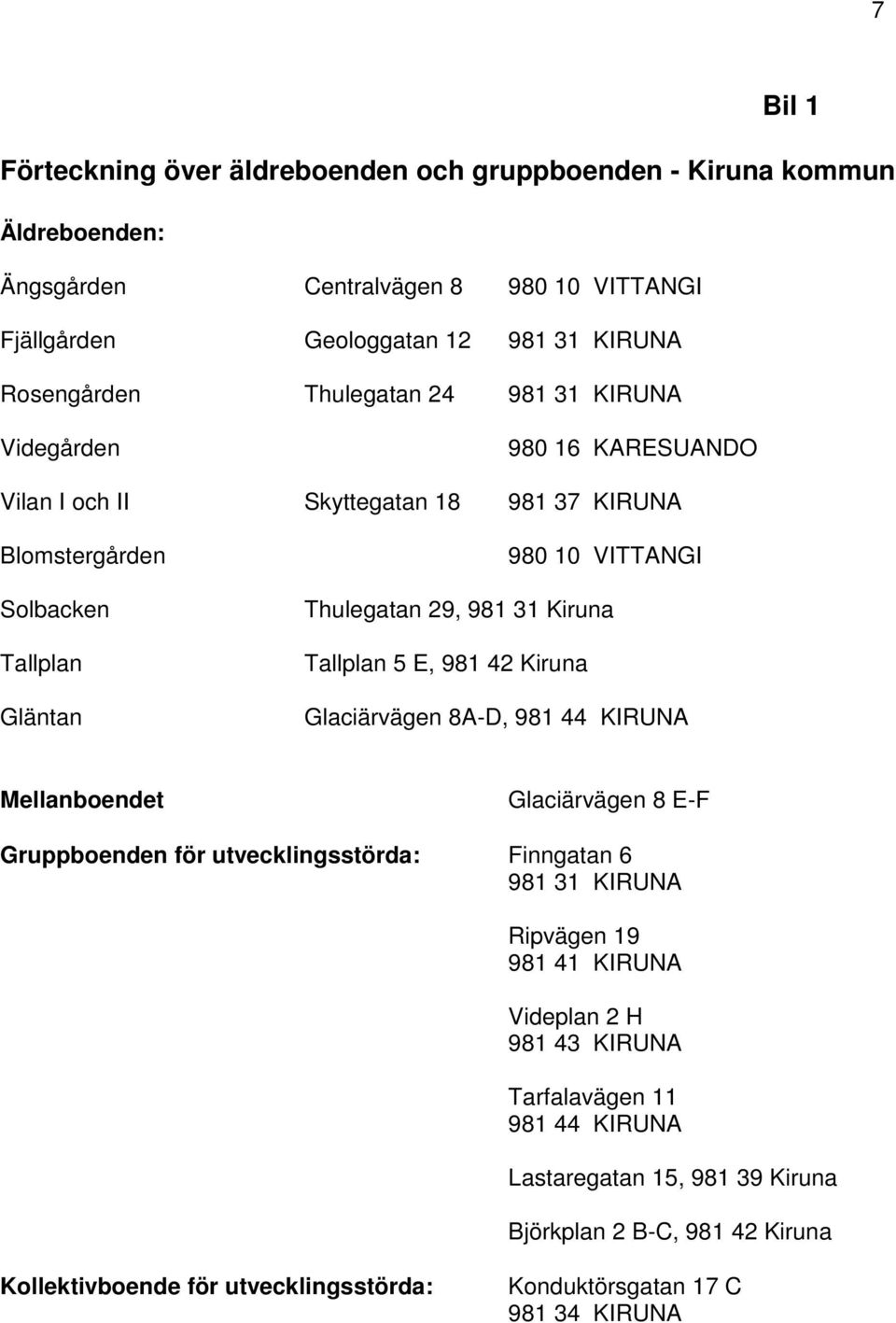 Kiruna Tallplan 5 E, 981 42 Kiruna Glaciärvägen 8A-D, 981 44 KIRUNA Mellanboendet Glaciärvägen 8 E-F Gruppboenden för utvecklingsstörda: Finngatan 6 981 31 KIRUNA Ripvägen 19 981 41