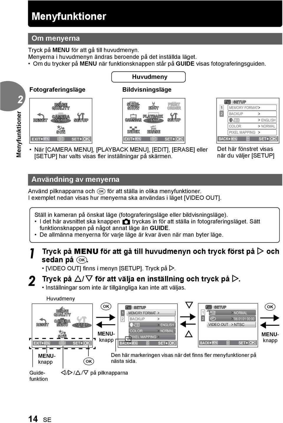 Huvudmeny Fotograferingsläge Bildvisningsläge RESET EXIT MENU IMAGE QUALITY CAMERA MENU SCN SETUP SET OK SLIDE- SHOW INDEX EXIT MENU EDIT PLAYBACK CALENDAR MENU PRINT ORDER SETUP ERASE SET OK När