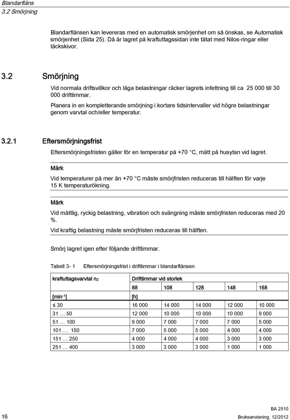 2 Smörjning Vid normala driftsvillkor och låga belastningar räcker lagrets infettning till ca 25 000 till 30 000 drifttimmar.