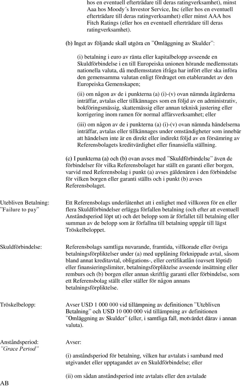 (b) Inget av följande skall utgöra en Omläggning av Skulder : (i) betalning i euro av ränta eller kapitalbelopp avseende en Skuldförbindelse i en till Europeiska unionen hörande medlemsstats