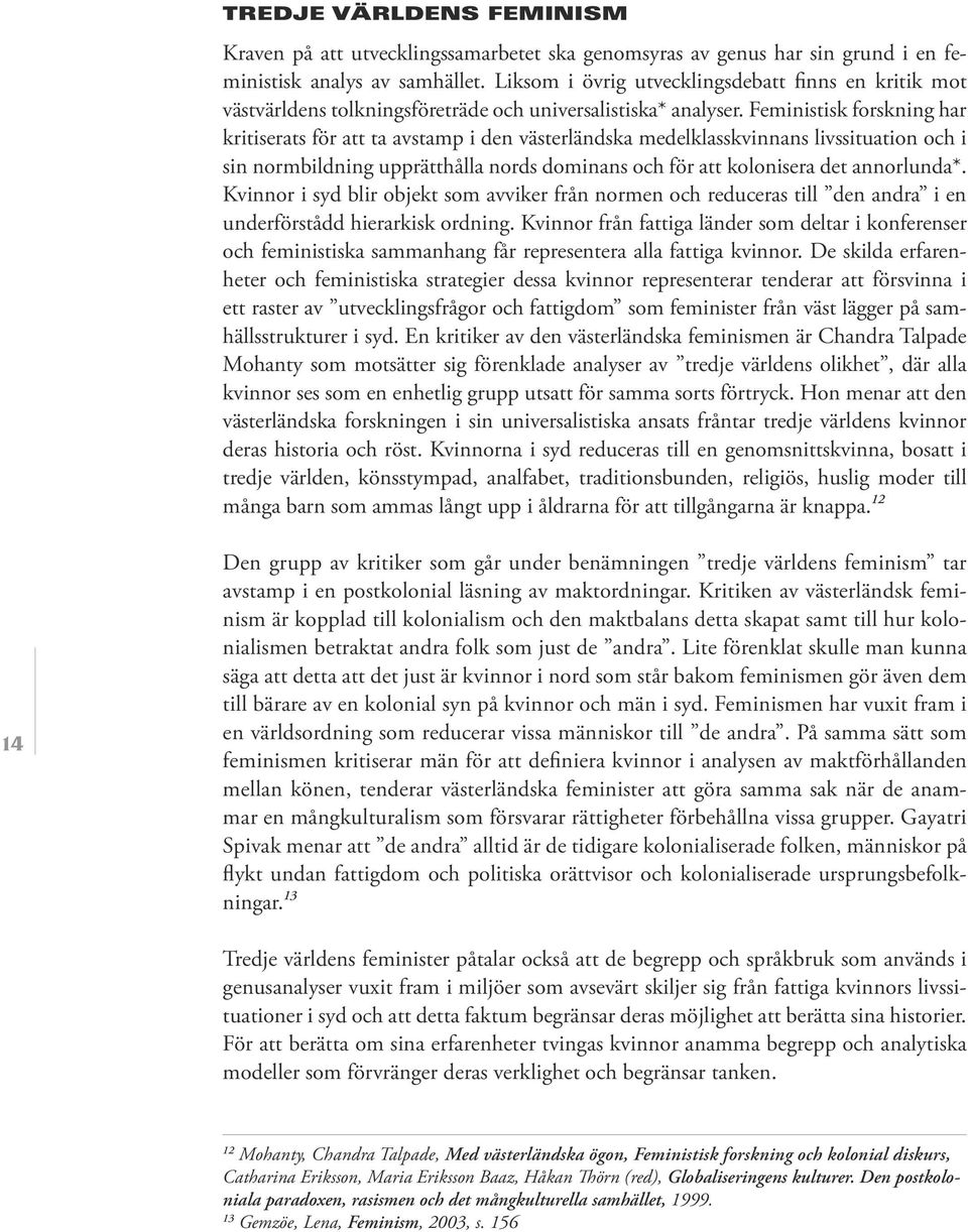 Feministisk forskning har kritiserats för att ta avstamp i den västerländska medelklasskvinnans livssituation och i sin normbildning upprätthålla nords dominans och för att kolonisera det annorlunda*.