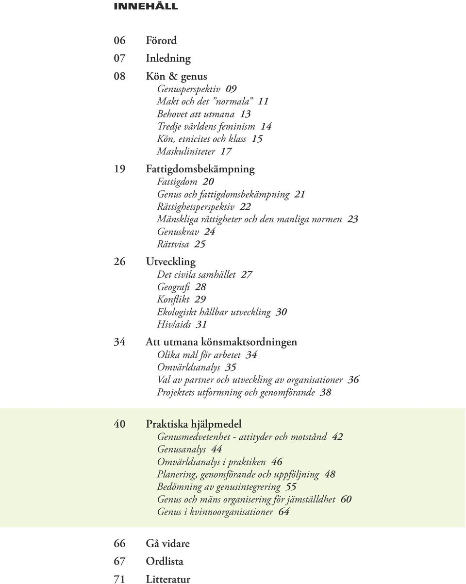 27 Geografi 28 Konflikt 29 Ekologiskt hållbar utveckling 30 Hiv/aids 31 34 Att utmana könsmaktsordningen Olika mål för arbetet 34 Omvärldsanalys 35 Val av partner och utveckling av organisationer 36