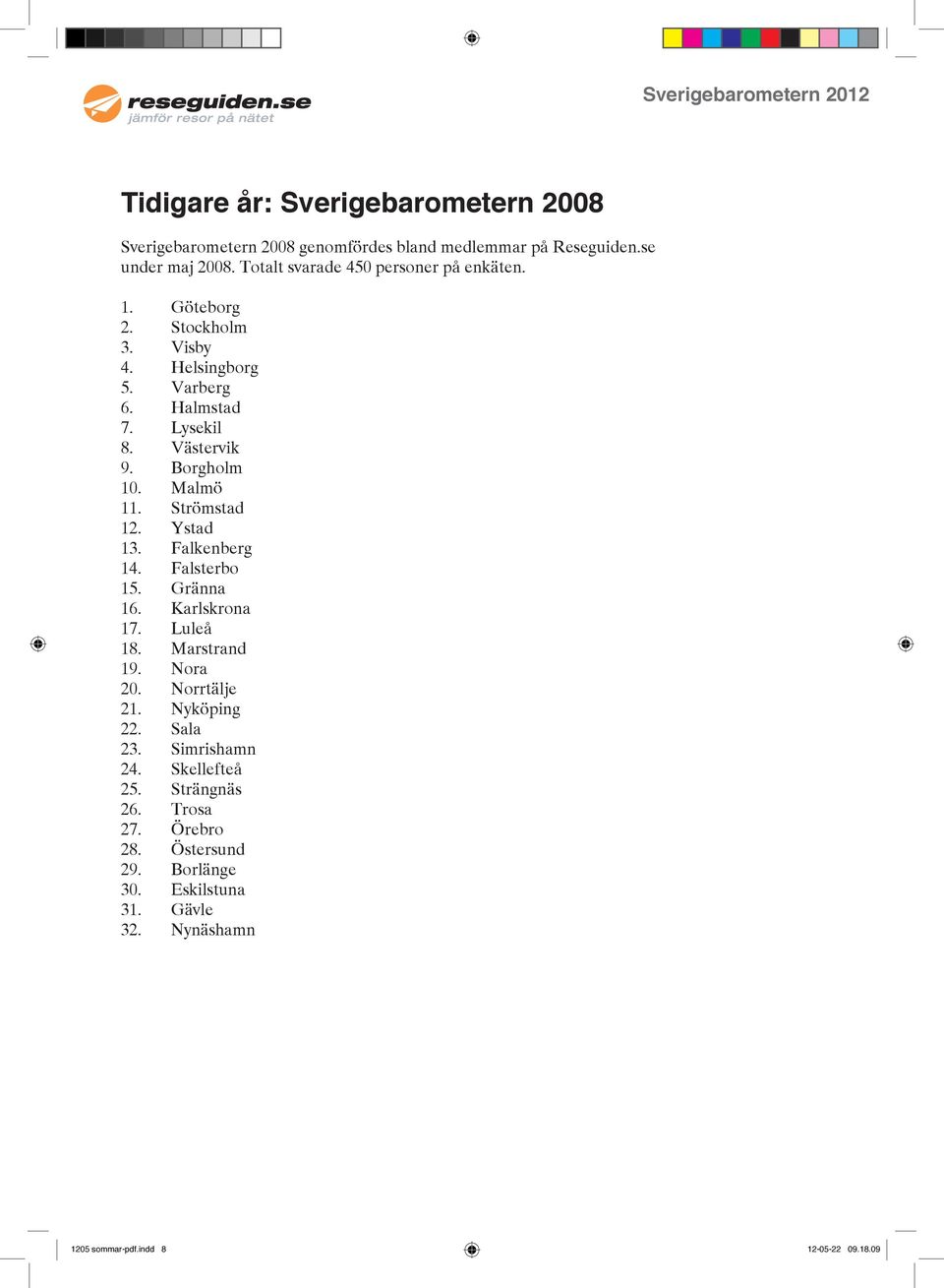 Borgholm 10. Malmö 11. Strömstad 12. Ystad 13. Falkenberg 14. Falsterbo 15. Gränna 16. Karlskrona 17. Luleå 18. Marstrand 19. Nora 20. Norrtälje 21.