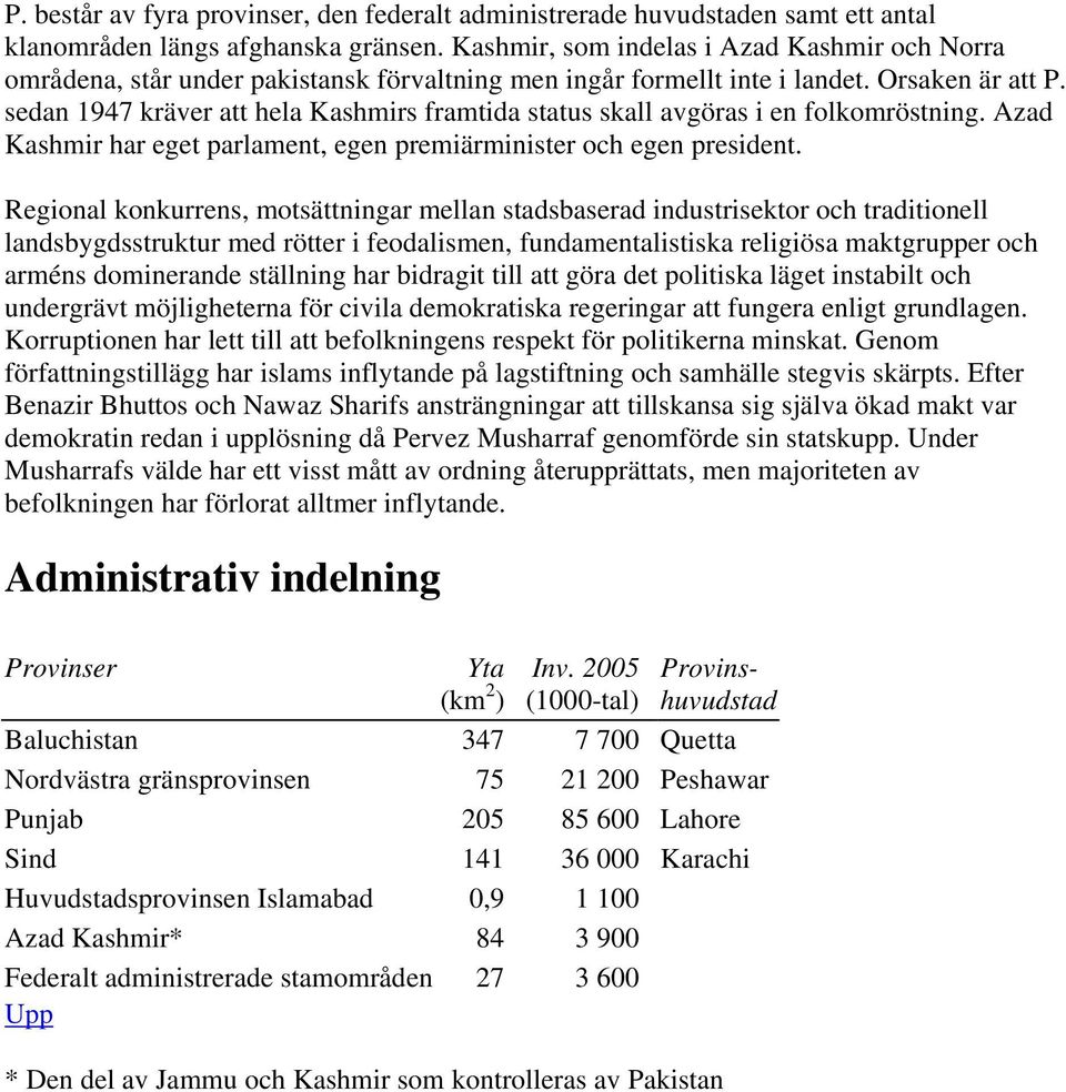 sedan 1947 kräver att hela Kashmirs framtida status skall avgöras i en folkomröstning. Azad Kashmir har eget parlament, egen premiärminister och egen president.