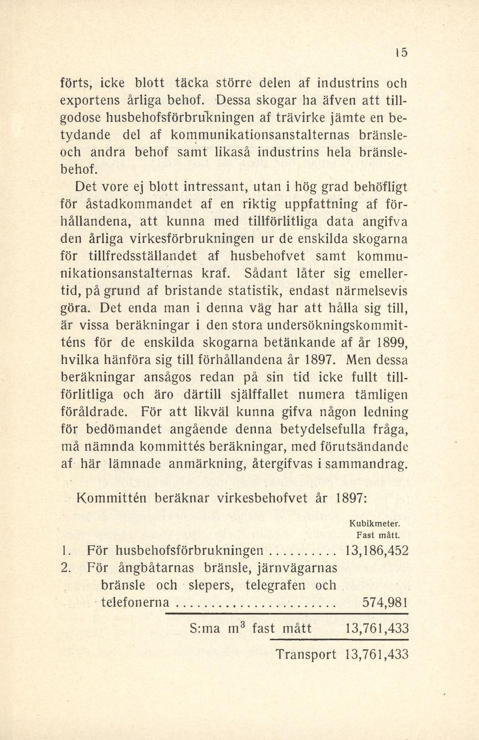 Det vore ej blott intressant, utan i hög grad behöfligt för åstadkommandet af en riktig uppfattning af förhållandena, att kunna med tillförlitliga data angifva den årliga virkesförbrukningen ur de