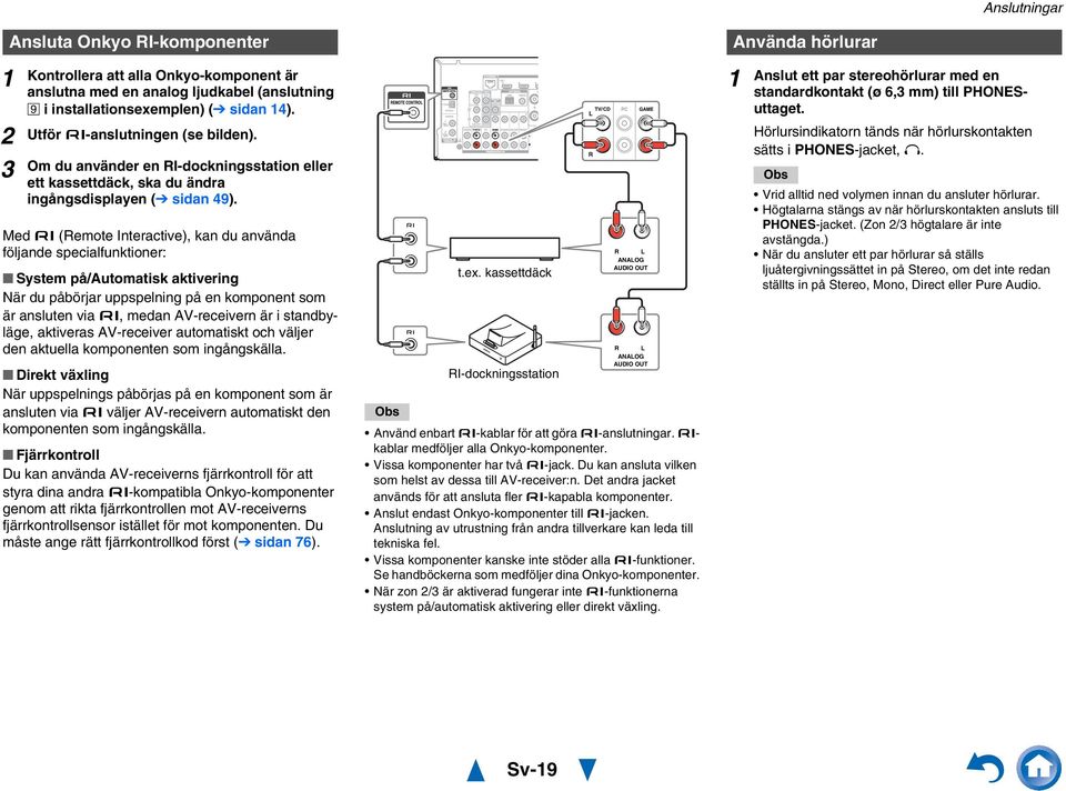 Med (Remote Interactive), kan du använda följande specialfunktioner: System på/automatisk aktivering När du påbörjar uppspelning på en komponent som är ansluten via, medan AV-receivern är i