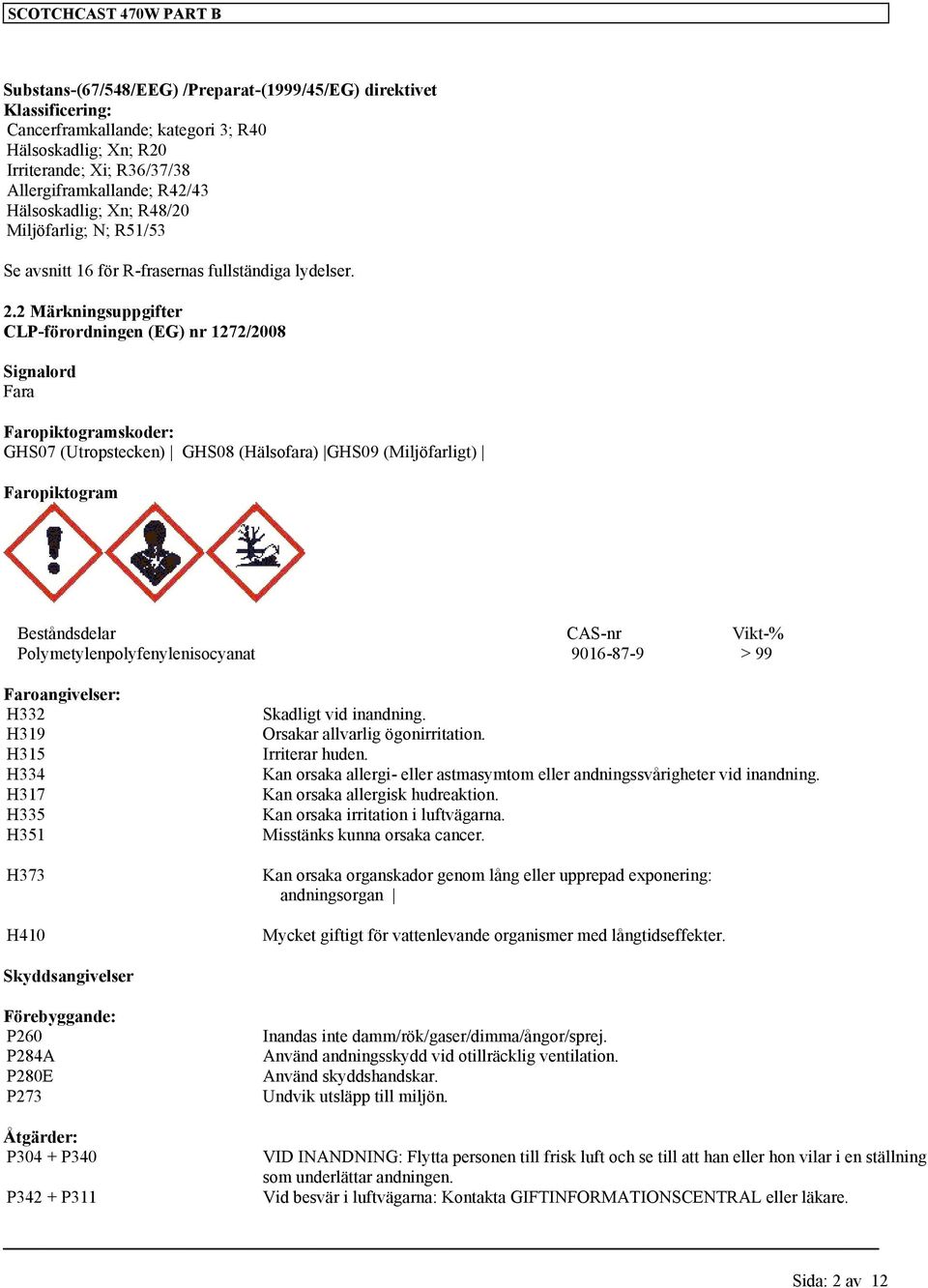 2 Märkningsuppgifter CLP-förordningen (EG) nr 1272/2008 Signalord Fara Faropiktogramskoder: GHS07 (Utropstecken) GHS08 (Hälsofara) GHS09 (Miljöfarligt) Faropiktogram Beståndsdelar CAS-nr Vikt-%