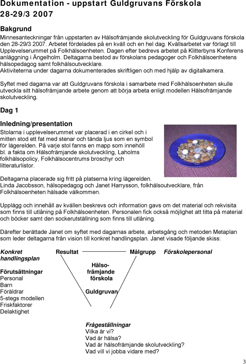 Deltagarna bestod av förskolans pedagoger och Folkhälsoenhetens hälsopedagog samt folkhälsoutvecklare. Aktiviteterna under dagarna dokumenterades skriftligen och med hjälp av digitalkamera.