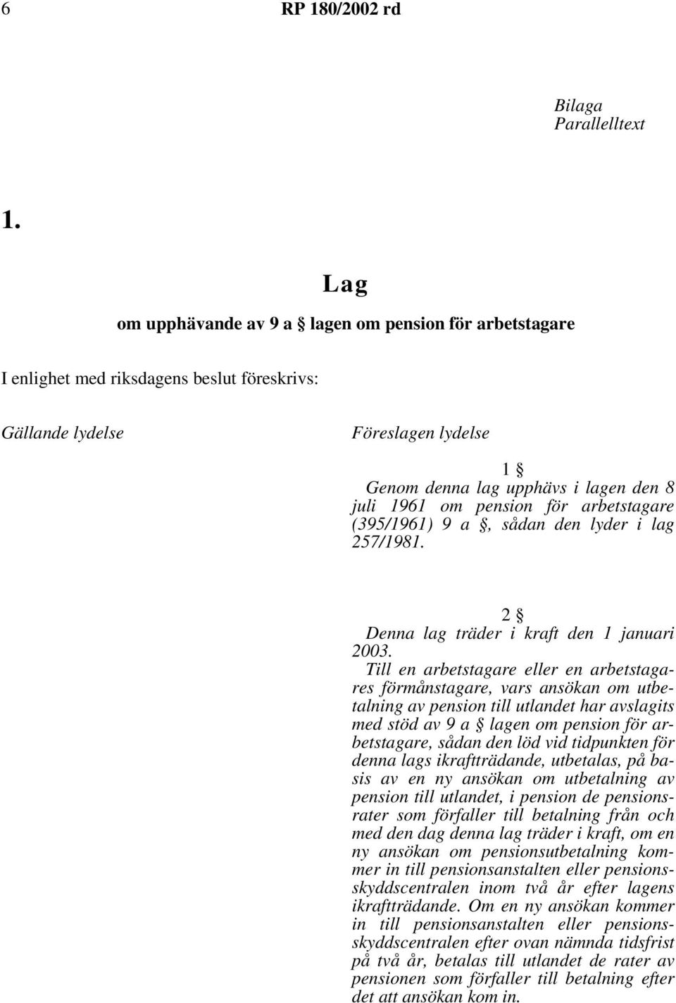 pension för arbetstagare (395/1961) 9 a, sådan den lyder i lag 257/1981. 2 Denna lag träder i kraft den 1 januari 2003.