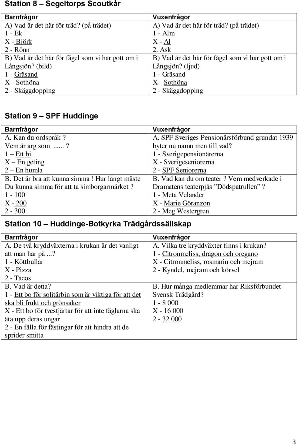 (ljud) 1 - Gräsand X - Sothöna 2 - Skäggdopping Station 9 SPF Huddinge A. Kan du ordspråk? Vem är arg som...? 1 Ett bi X En geting 2 En humla B. Det är bra att kunna simma!