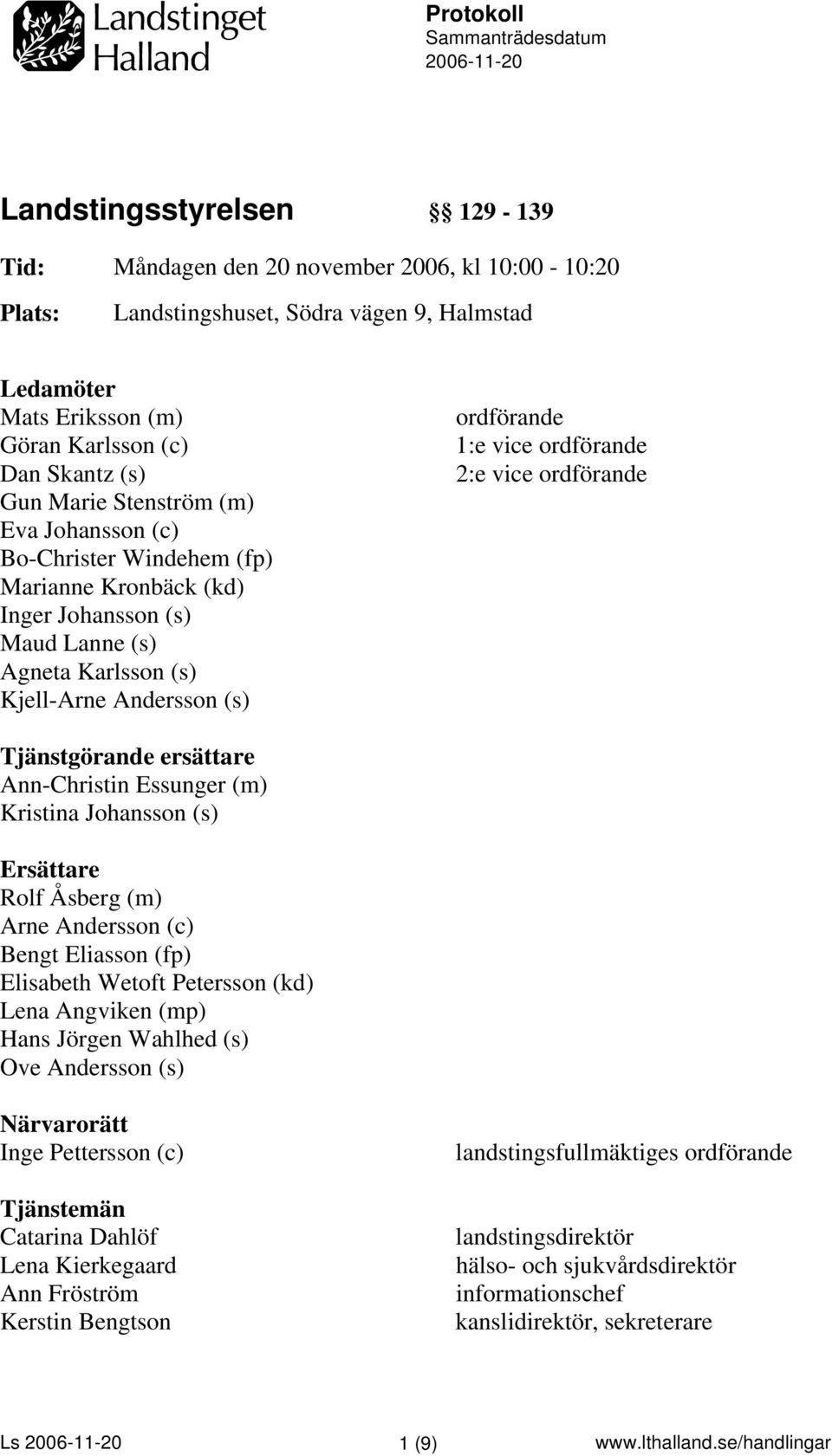 ordförande 1:e vice ordförande 2:e vice ordförande Tjänstgörande ersättare Ann-Christin Essunger (m) Kristina Johansson (s) Ersättare Rolf Åsberg (m) Arne Andersson (c) Bengt Eliasson (fp) Elisabeth