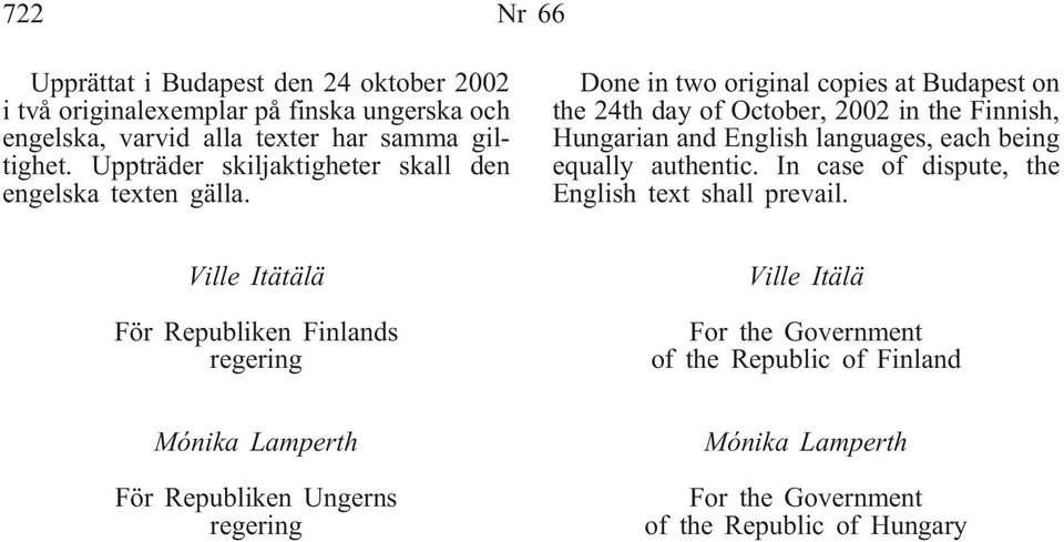 Done in two original copies at Budapest on the 24th day of October, 2002 in the Finnish, Hungarian and English languages, each being equally authentic.