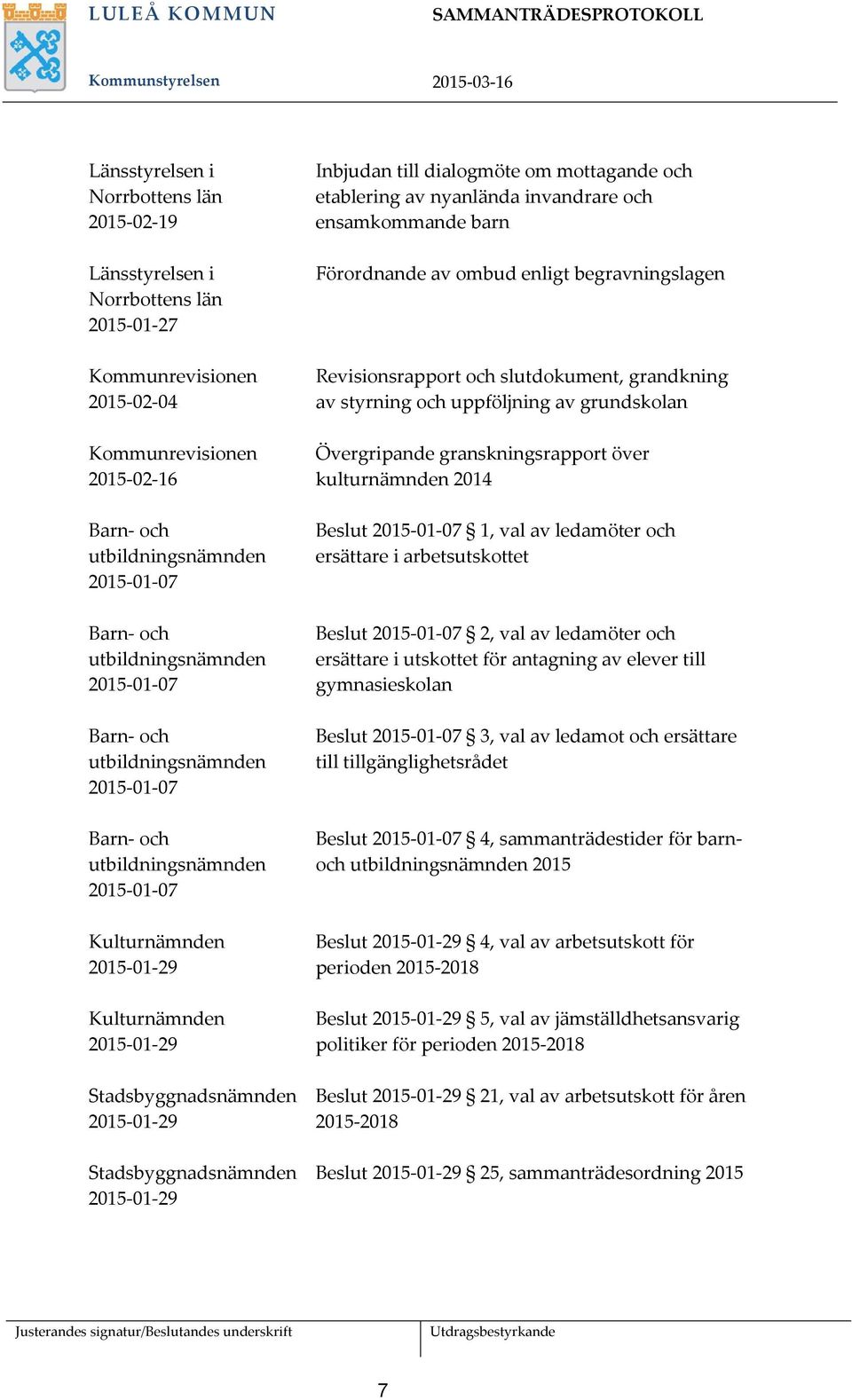 Stadsbyggnadsnämnden 2015-01-29 Inbjudan till dialogmöte om mottagande och etablering av nyanlända invandrare och ensamkommande barn Förordnande av ombud enligt begravningslagen Revisionsrapport och