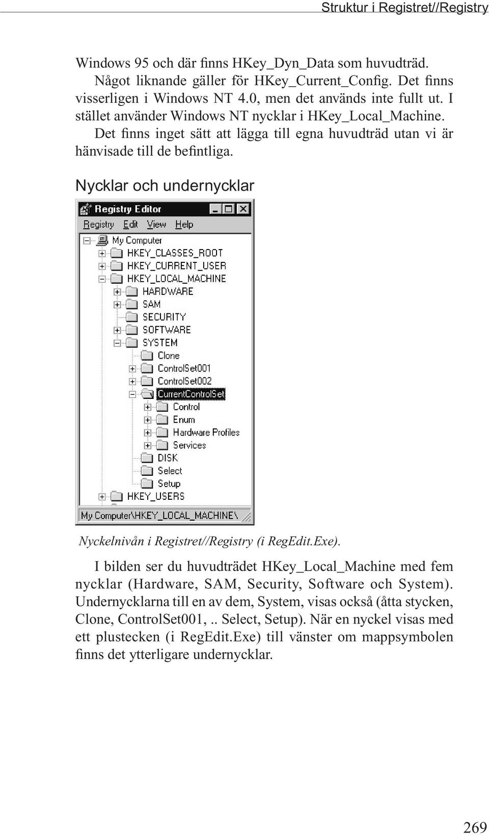 Nycklar och undernycklar Nyckelnivån i Registret//Registry (i RegEdit.Exe). I bilden ser du huvudträdet HKey_Local_Machine med fem nycklar (Hardware, SAM, Security, Software och System).