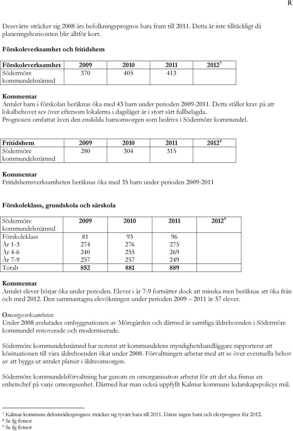 Detta ställer krav på att lokalbehovet ses över eftersom lokalerna i dagsläget är i stort sätt fullbelagda. Prognosen omfattat även den enskilda barnomsorgen som bedrivs i Södermöre kommundel.
