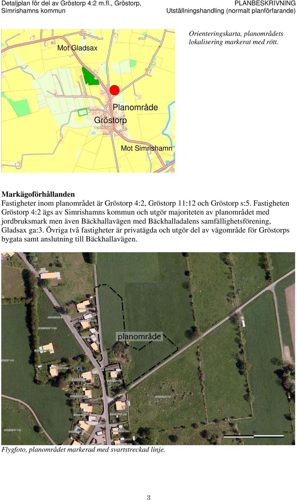 Fastigheten Gröstorp 4:2 ägs av och utgör majoriteten av planområdet med jordbruksmark men även Bäckhallavägen med Bäckhalladalens