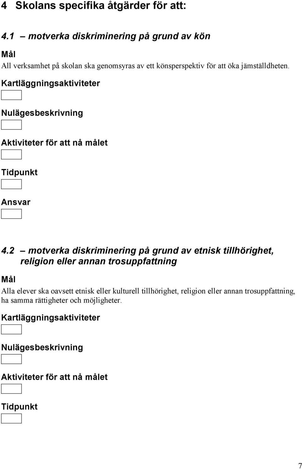 Kartläggningsaktiviteter Nulägesbeskrivning Aktiviteter för att nå målet Tidpunkt Ansvar 4.