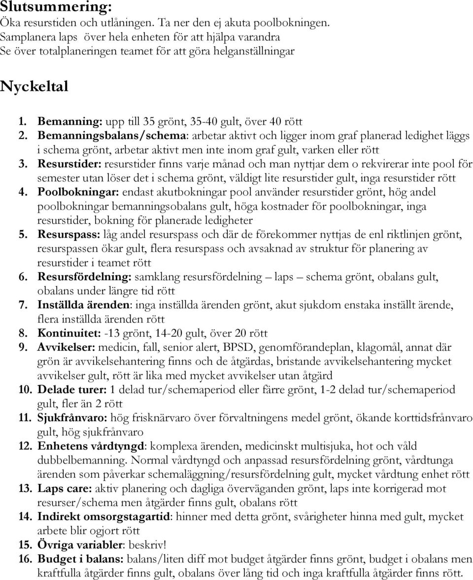 Bemanningsbalans/schema: arbetar aktivt och ligger inom graf planerad ledighet läggs i schema grönt, arbetar aktivt men inte inom graf gult, varken eller rött 3.