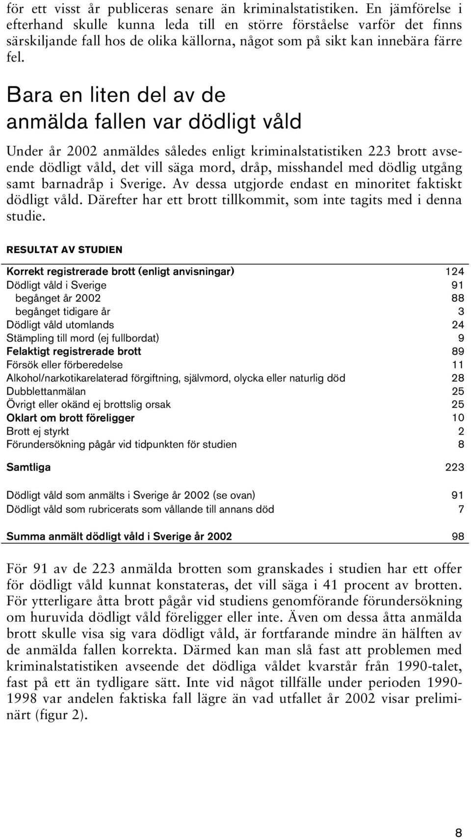 Bara en liten del av de anmälda fallen var dödligt våld Under år 2002 anmäldes således enligt kriminalstatistiken 223 brott avseende dödligt våld, det vill säga mord, dråp, misshandel med dödlig