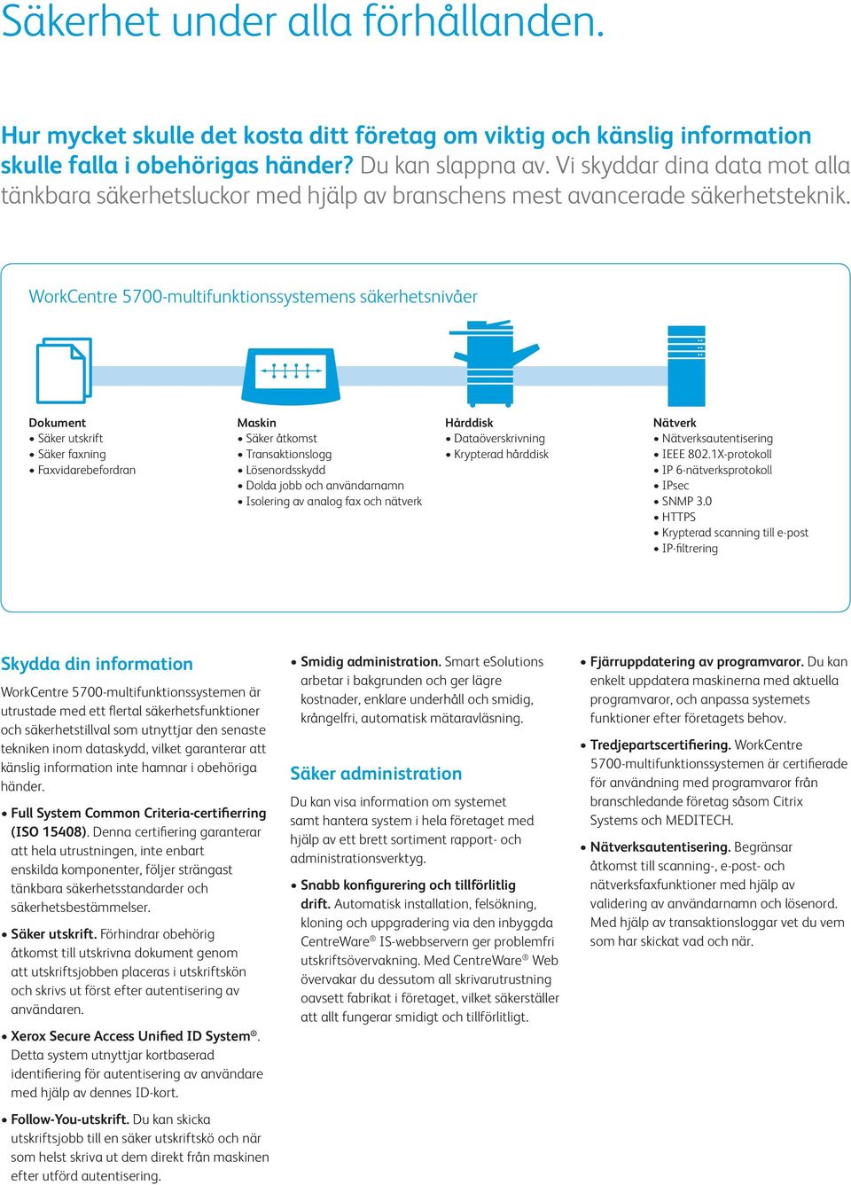 WorkCentre 5700-multifunktionssystemens säkerhetsnivåer Dokument Säker utskrift Säker faxning Faxvidarebefordran Maskin Säker åtkomst Transaktionslogg Lösenordsskydd Dolda jobb och användarnamn