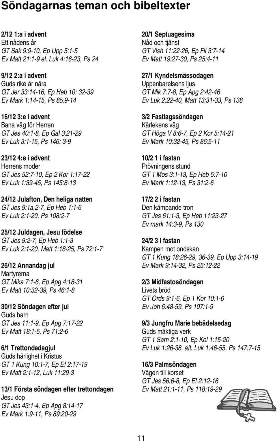 3:1-15, Ps 146: 3-9 23/12 4:e i advent Herrens moder GT Jes 52:7-10, Ep 2 Kor 1:17-22 Ev Luk 1:39-45, Ps 145:8-13 24/12 Julafton, Den heliga natten GT Jes 9:1a,2-7, Ep Heb 1:1-6 Ev Luk 2:1-20, Ps