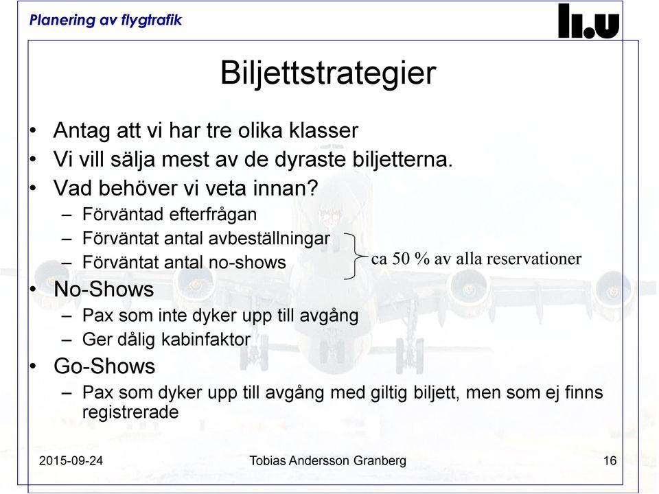 Förväntad efterfrågan Förväntat antal avbeställningar Förväntat antal no-shows No-Shows Pax som inte dyker