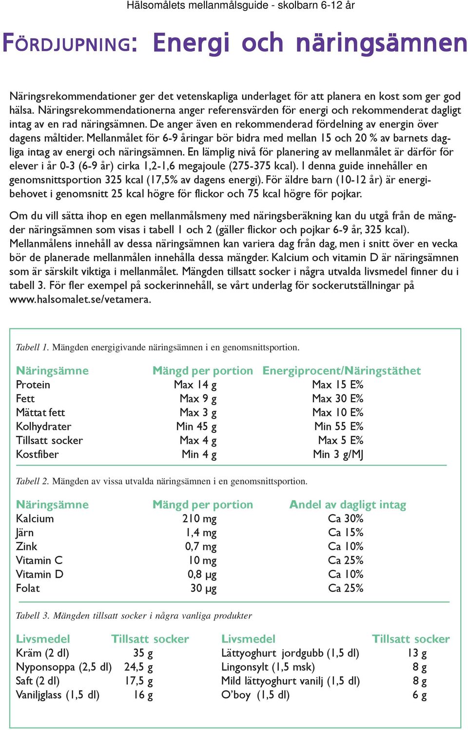 Mellanmålet för 6-9 åringar bör bidra med mellan 15 och 20 % av barnets dagliga intag av energi och näringsämnen.