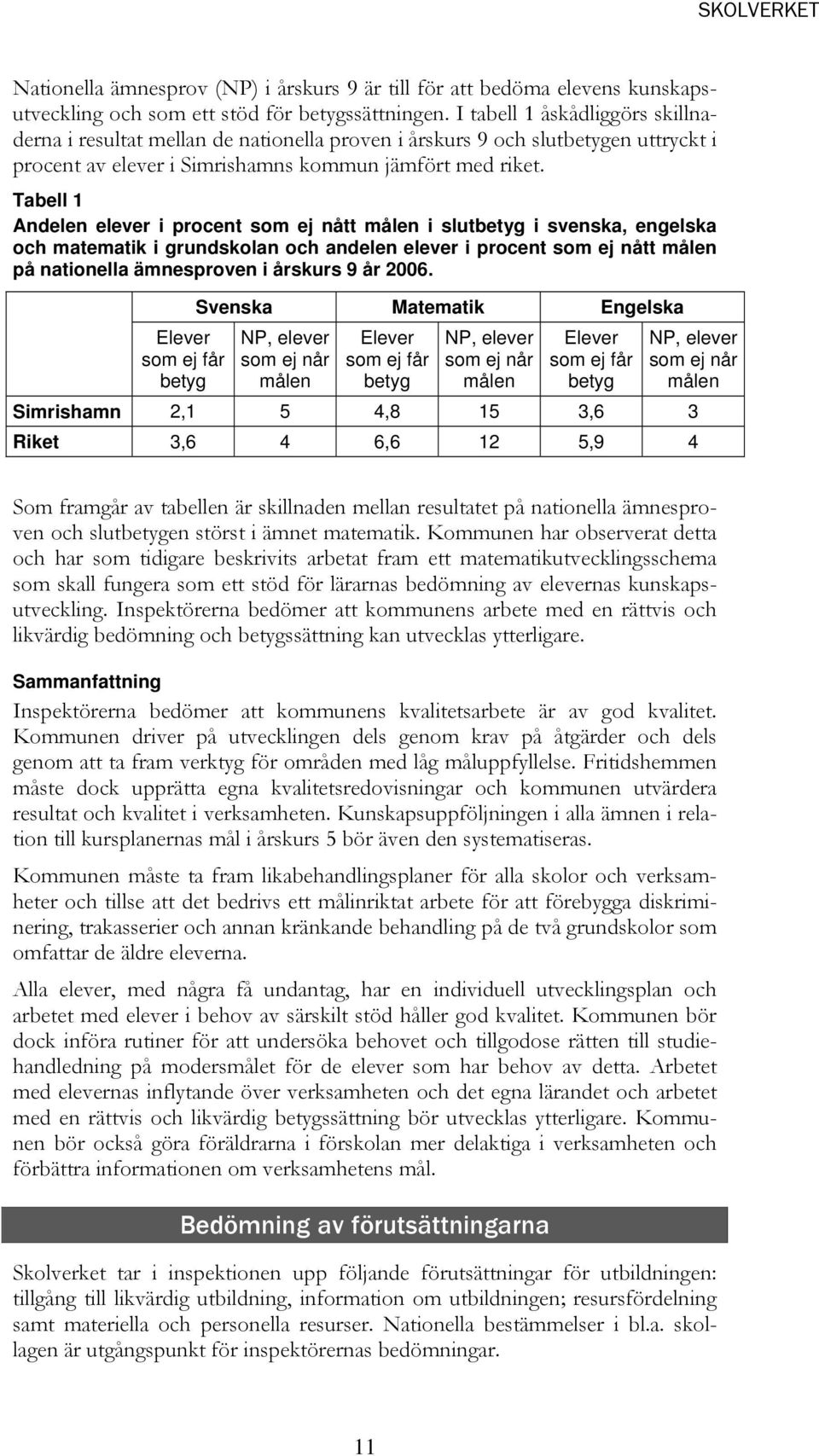 Tabell 1 Andelen elever i procent som ej nått målen i slutbetyg i svenska, engelska och matematik i grundskolan och andelen elever i procent som ej nått målen på nationella ämnesproven i årskurs 9 år