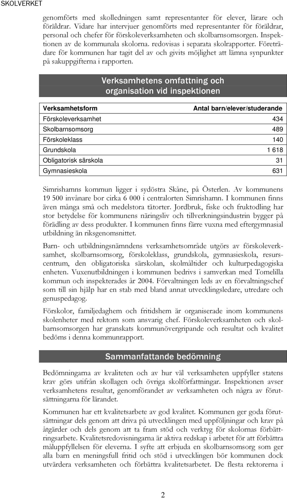 redovisas i separata skolrapporter. Företrädare för kommunen har tagit del av och givits möjlighet att lämna synpunkter på sakuppgifterna i rapporten.