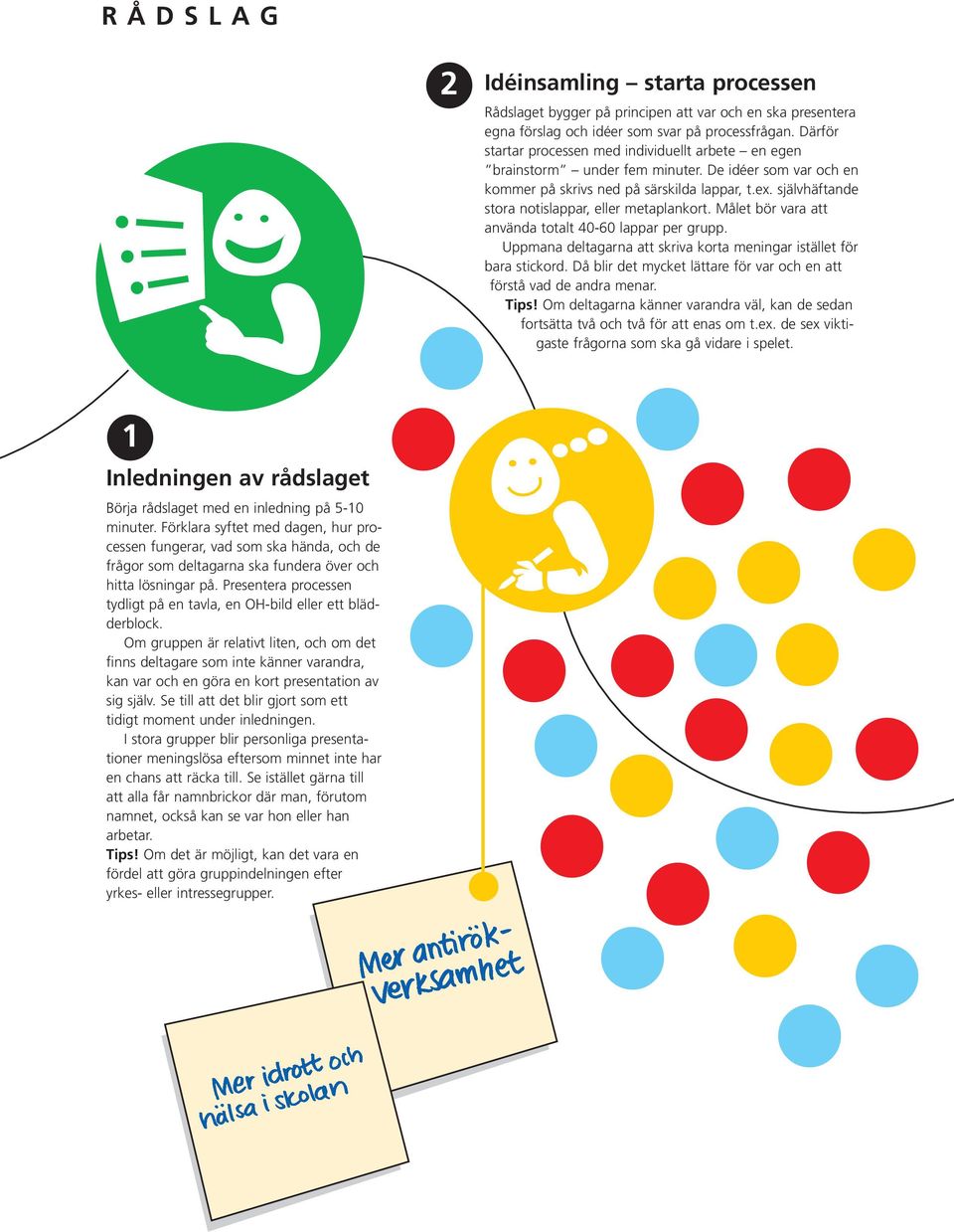 självhäftande stora notislappar, eller metaplankort. Målet bör vara att använda totalt 40-60 lappar per grupp. Uppmana deltagarna att skriva korta meningar istället för bara stickord.