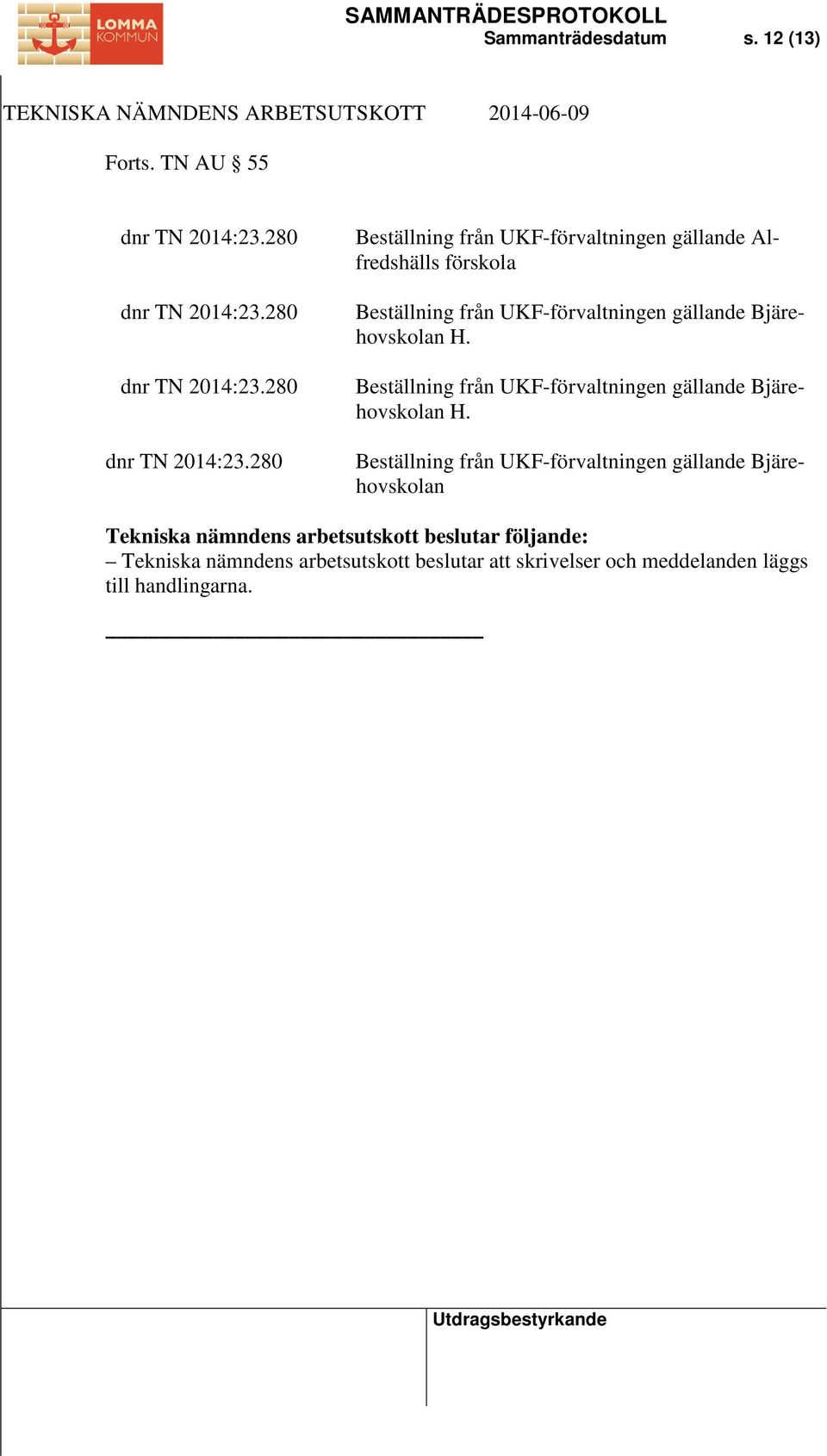 280 Beställning från UKF-förvaltningen gällande Alfredshälls förskola Beställning från UKF-förvaltningen gällande Bjärehovskolan