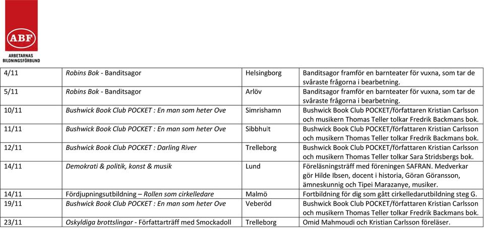 musikern Thomas Teller tolkar Sara Stridsbergs bok. Föreläsningsträff med föreningen SAFRAN.