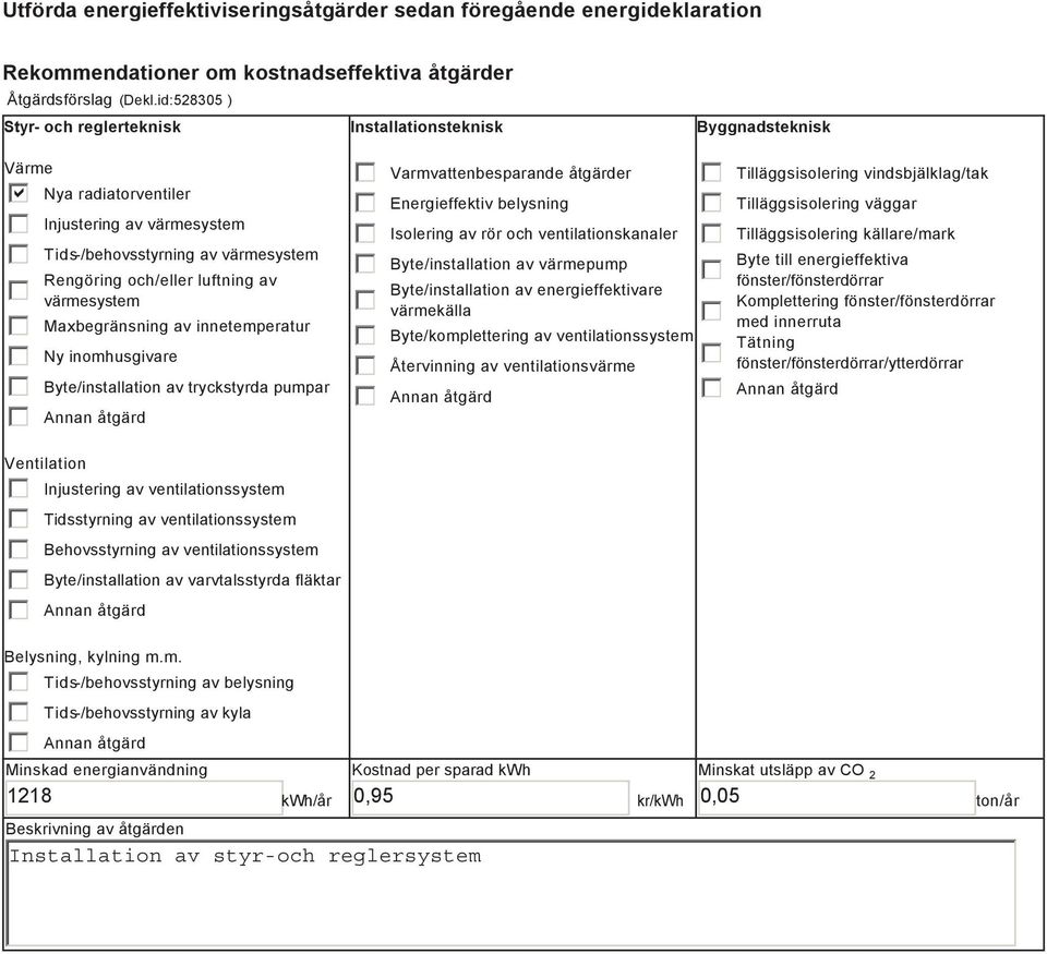 värmesystem Maxbegränsning av innetemperatur Ny inomhusgivare Byte/installation av tryckstyrda pumpar Ventilation Injustering av ventilationssystem Tidsstyrning av ventilationssystem Behovsstyrning