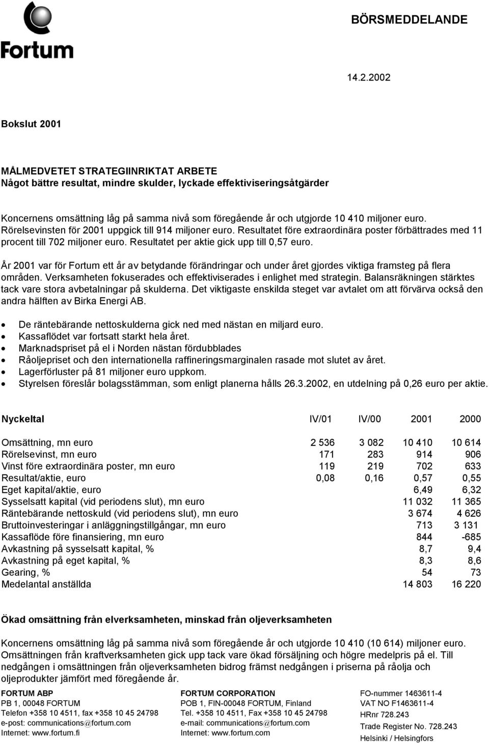 410 miljoner euro. Rörelsevinsten för 2001 uppgick till 914 miljoner euro. Resultatet före extraordinära poster förbättrades med 11 procent till 702 miljoner euro.