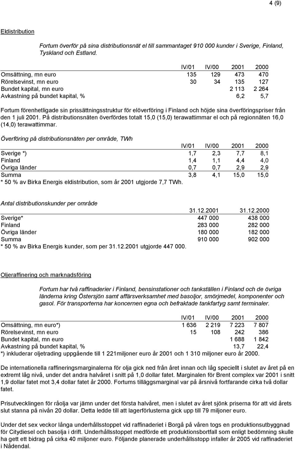 elöverföring i Finland och höjde sina överföringspriser från den 1 juli 2001. På distributionsnäten överfördes totalt 15,0 (15,0) terawattimmar el och på regionnäten 16,0 (14,0) terawattimmar.