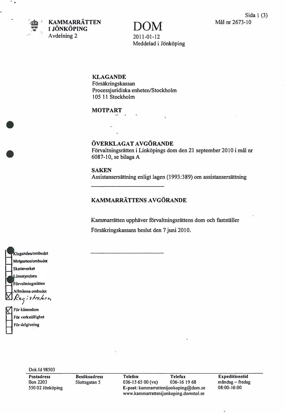 Kammarrätten upphäver förvaltningsrättens dom och fastställer Försäkringskassans beslut den 7 juni 2010. lagnnden/ombudet Motparten/ombudet änsstyrclsen Allmänna ombudet /2 '}: p)n:.