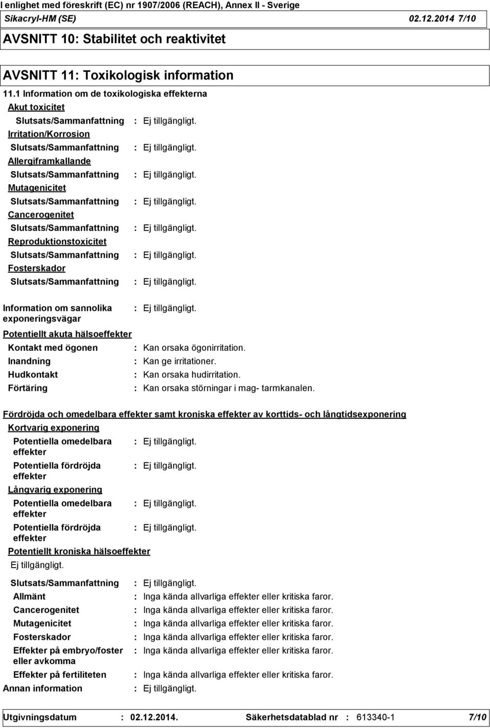 Slutsats/Sammanfattning Cancerogenitet Slutsats/Sammanfattning Reproduktionstoxicitet Slutsats/Sammanfattning Fosterskador Slutsats/Sammanfattning Information om sannolika exponeringsvägar