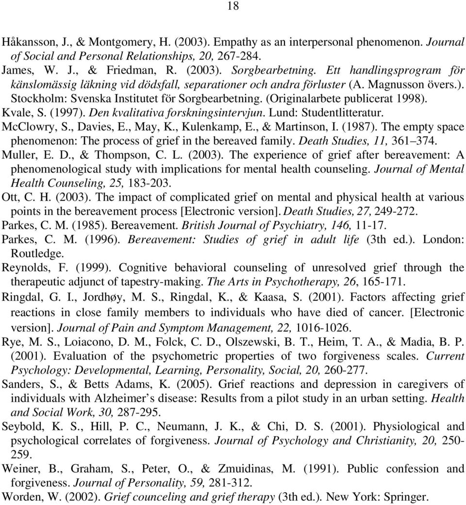 Kvale, S. (1997). Den kvalitativa forskningsintervjun. Lund: Studentlitteratur. McClowry, S., Davies, E., May, K., Kulenkamp, E., & Martinson, I. (1987).