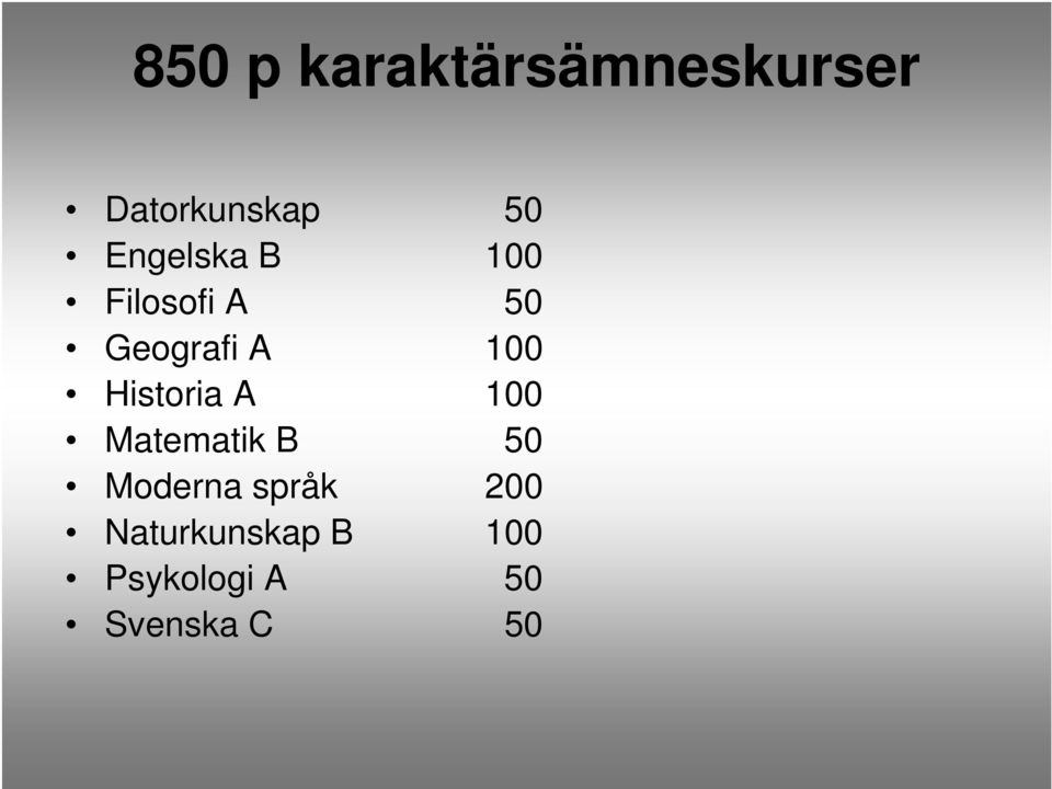 Historia A 100 Matematik B 50 Moderna språk