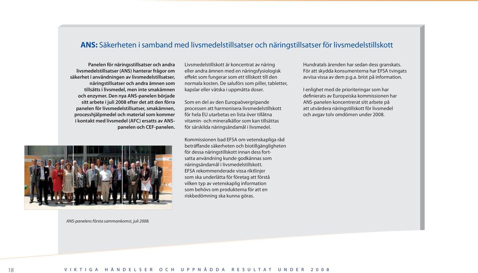 Den nya ANS-panelen började sitt arbete i juli 2008 efter det att den förra panelen för livsmedelstillsatser, smakämnen, processhjälpmedel och material som kommer i kontakt med livsmedel (AFC)