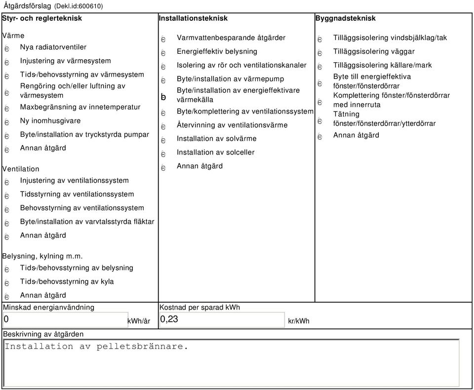 värmesystem Maxbegränsning av innetemperatur Ny inomhusgivare Byte/installation av tryckstyrda pumpar Ventilation Injustering av ventilationssystem Tidsstyrning av ventilationssystem Behovsstyrning