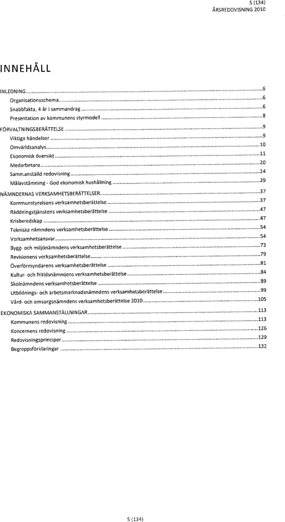 ..... Kommunstyrelsens verksamhetsberättelse...,... Räddningstjänstens verksamhetsberättelse... Krisberedskap...,... Tekniska nämndens verksamhetsberättelse... Verksarnhetsansvar...".