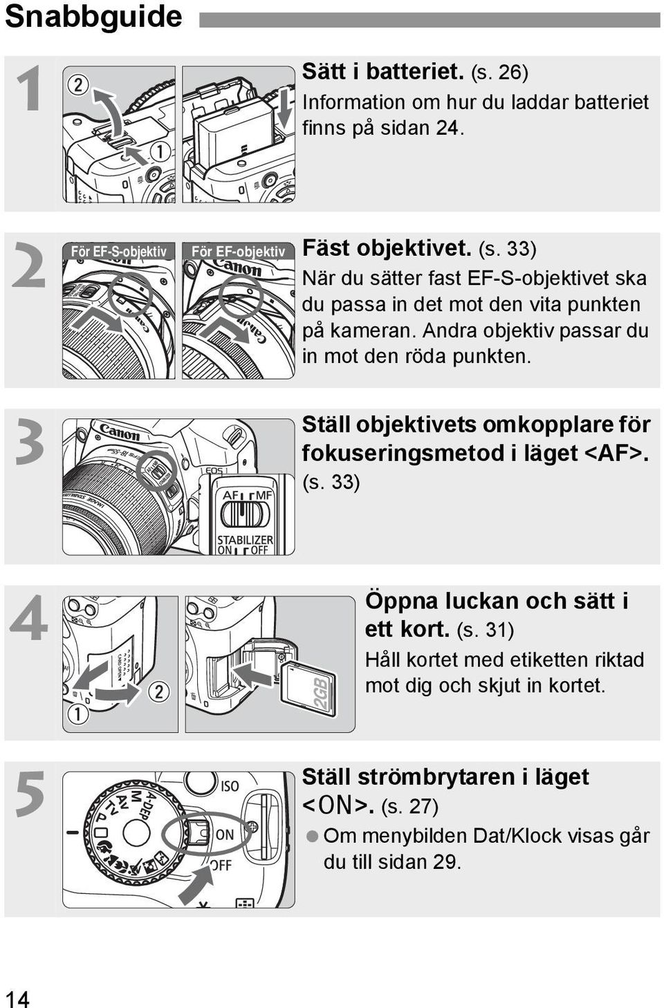 33) När du sätter fast EF-S-objetivet sa du passa in det mot den vita punten på ameran. Andra objetiv passar du in mot den röda punten.