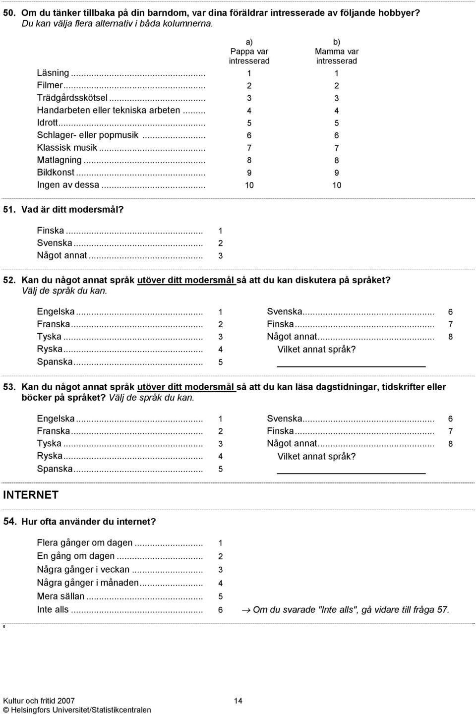 .. 9 9 Ingen av dessa... 10 10 51. Vad är ditt modersmål? Finska... 1 Svenska... 2 Något annat... 3 52. Kan du något annat språk utöver ditt modersmål så att du kan diskutera på språket?
