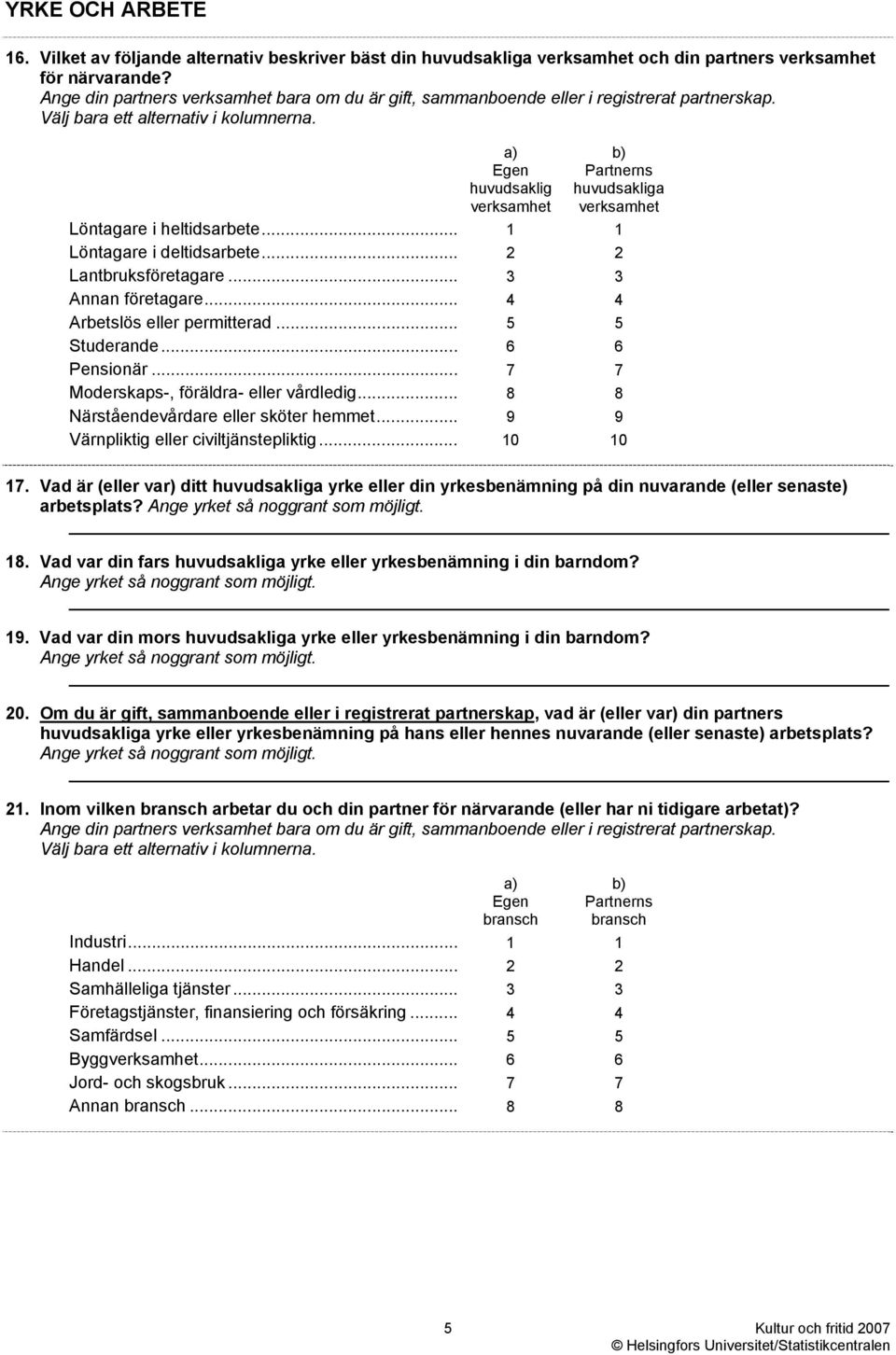 Egen huvudsaklig verksamhet Partnerns huvudsakliga verksamhet Löntagare i heltidsarbete... 1 1 Löntagare i deltidsarbete... 2 2 Lantbruksföretagare... 3 3 Annan företagare.